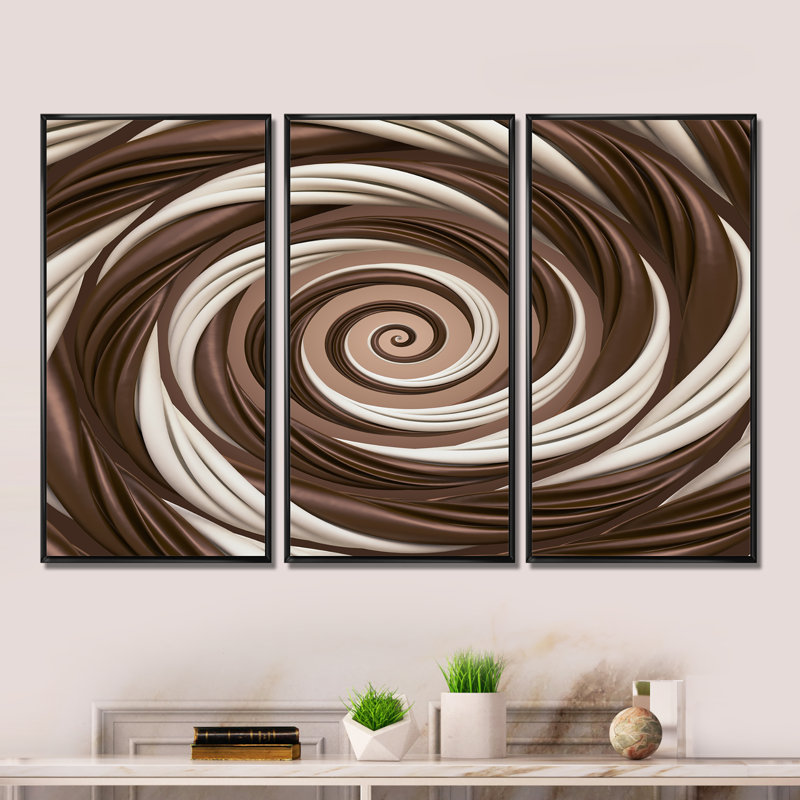 Chocolat et bonbon au lait - Ensemble de 3 toiles abstraites encadrées sur toile, Cadre noir, H 28 po x l 36 po