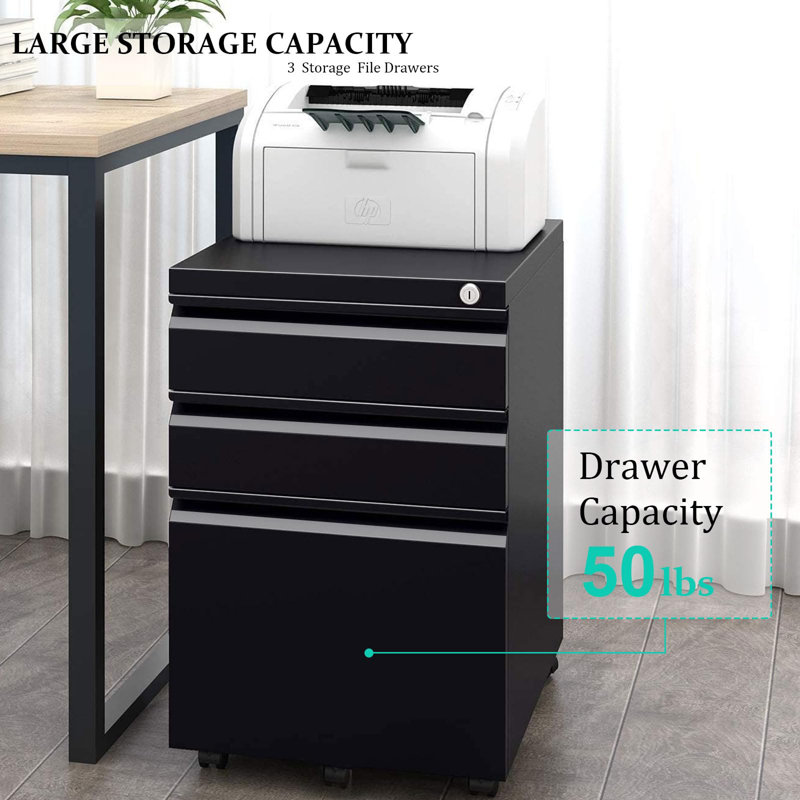 3-Drawer Mobile File Cabinets Rolling Metal Filing Cabinet For Legal & Letter File Anti-Tilt Design With Lock Under Desk Office Drawers Fully Assembled Except Casters