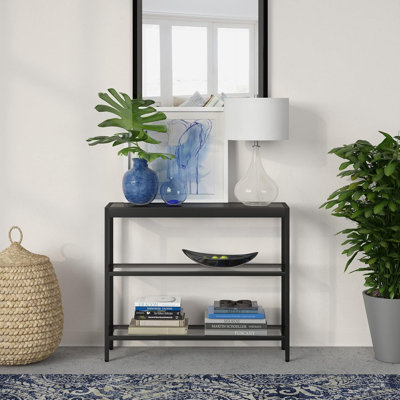 Modern Rectangular Console Table With Blackened Bronze Steel Frame And Tempered Glass Top For Entryway, Living Room, Or Hallway