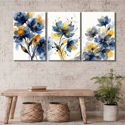 Navy Yellow Watercolor Floral Painting - Premium Gallery Wrapped Canvas Prints Set Of 3