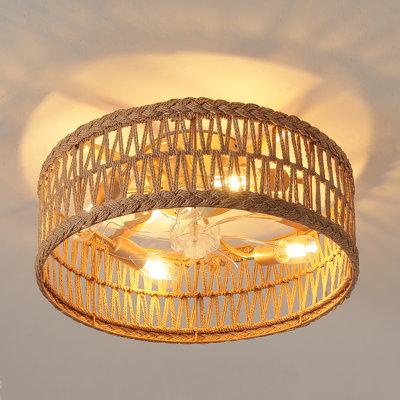 20”rattan Ceiling Fan With Light And  Remote Control,boho Ceiling Fan With Light And Paper Rope For Living Room/bedroom/dining Room