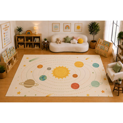 "Ultra Light Weight" Large 6'7" x 9'10" Solar System Planets Learning Area Rug for for Kids Room, Classroom, Bedroom, Playroom Decor, Soft Low Pile Indoor Rug with Non-Slip Silicone Backing, Cream Multicolor