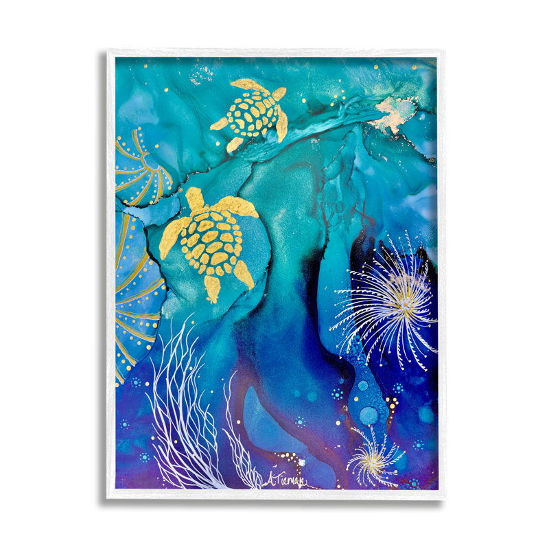 «Abstract Blue Sea Turtles» par Amy Tieman, Giclée encadrée blanc bord de mer, H 20 po x l 16 po x P 1,5 po