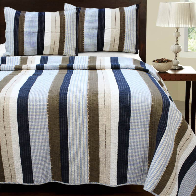 Traditional Cotton Striped Quilt, Queen Quilt + 2 Shams