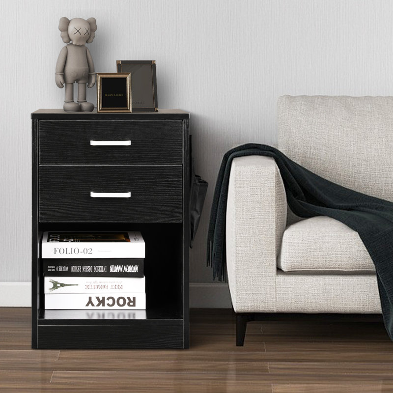 Demitry Manufactured Wood Nightstand with Charging Station, Black