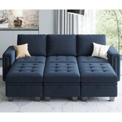 Shavera 6 - Piece 83.4'' Wide Velvet Sectional Sofa Apartment Sofa Bed Convertible Sleeper Couch with Storage Ottomans