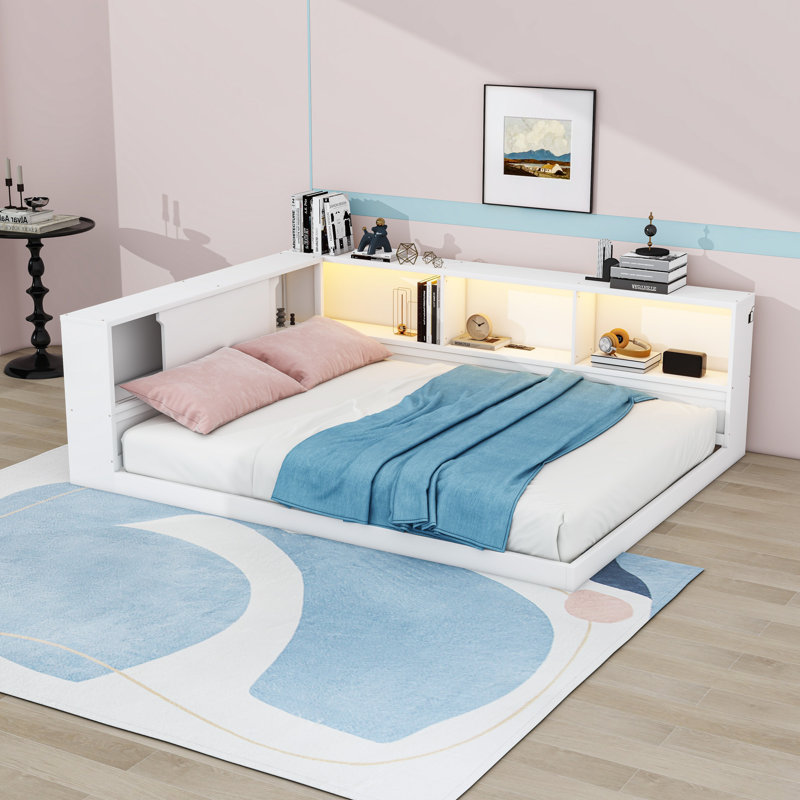 Wood Daybed with Shelves, USB and LED, White