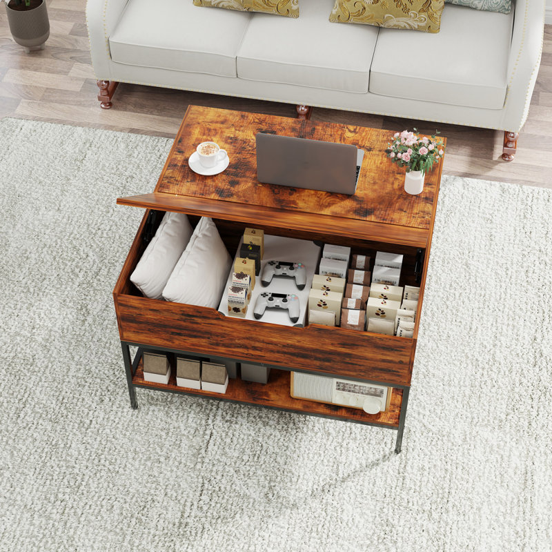 Table basse à plateau rabattable avec rangement - Noyer foncé et métal noir - 31,5 po avec plateau relevable et compartiment caché - Table de salon facile à assembler