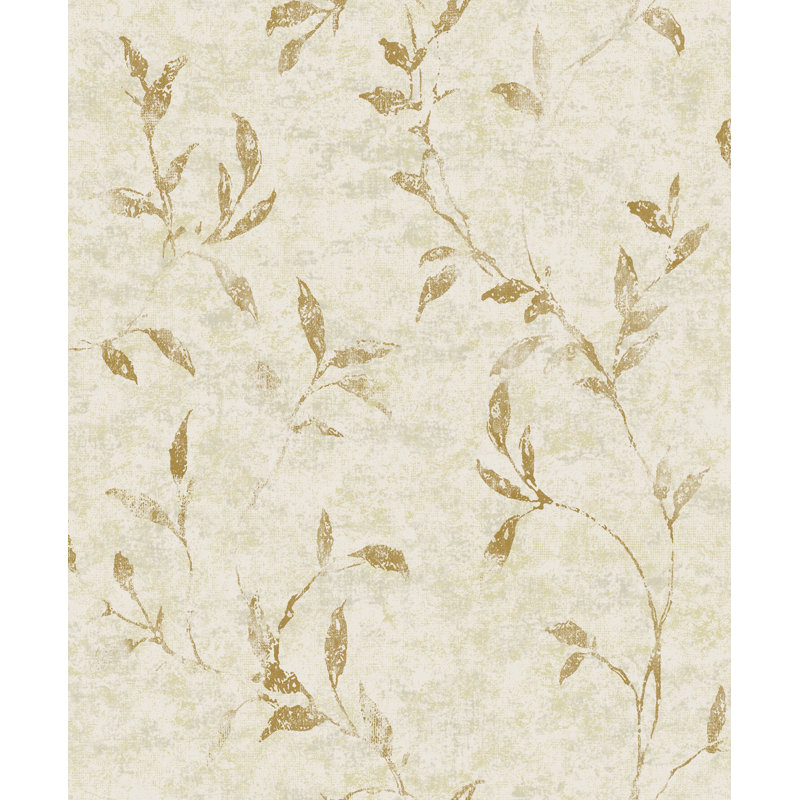 Elegance Collection Leaf Impression Metallic Finish Wallpaper Roll, Beige