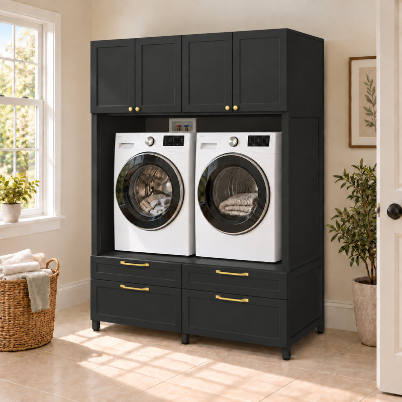 Meuble laveuse-sécheuse de 61,4 po de largeur avec cadre en métal, rangement supérieur et 4 tiroirs, White