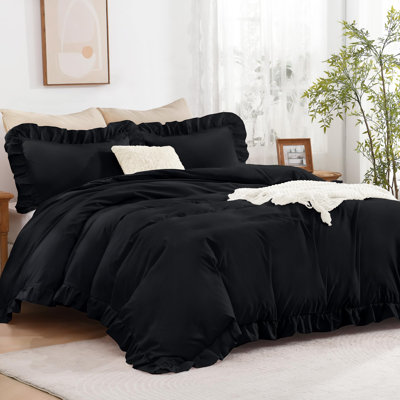 Housse de couette noire Andency pour très grand lit (104 x 90 pouces), ensemble de housse de couette à volants 3 pièces, housse de couette ferme en microfibre à volants avec fermeture à glissière