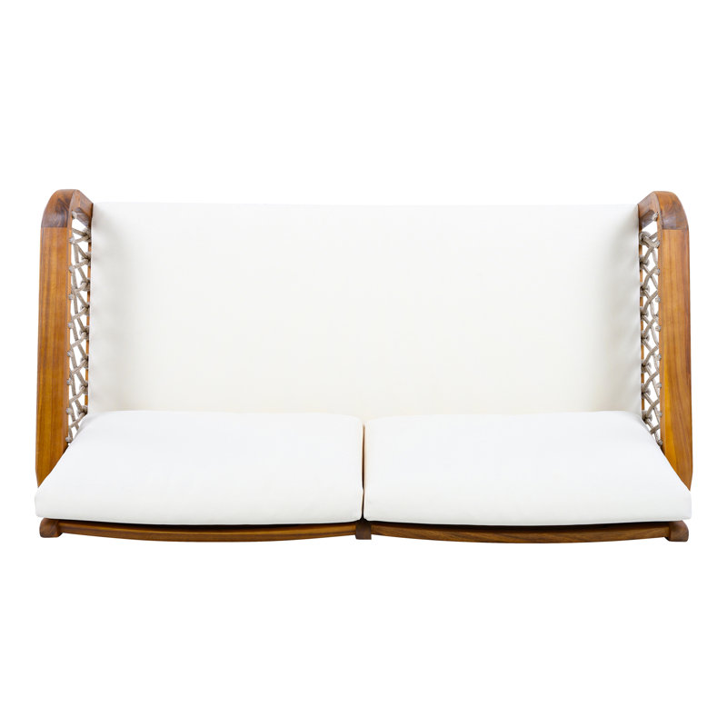 Ensemble de causeuse et table basse d'extérieur en bois d'acacia avec corde tissée à la main, finition teck