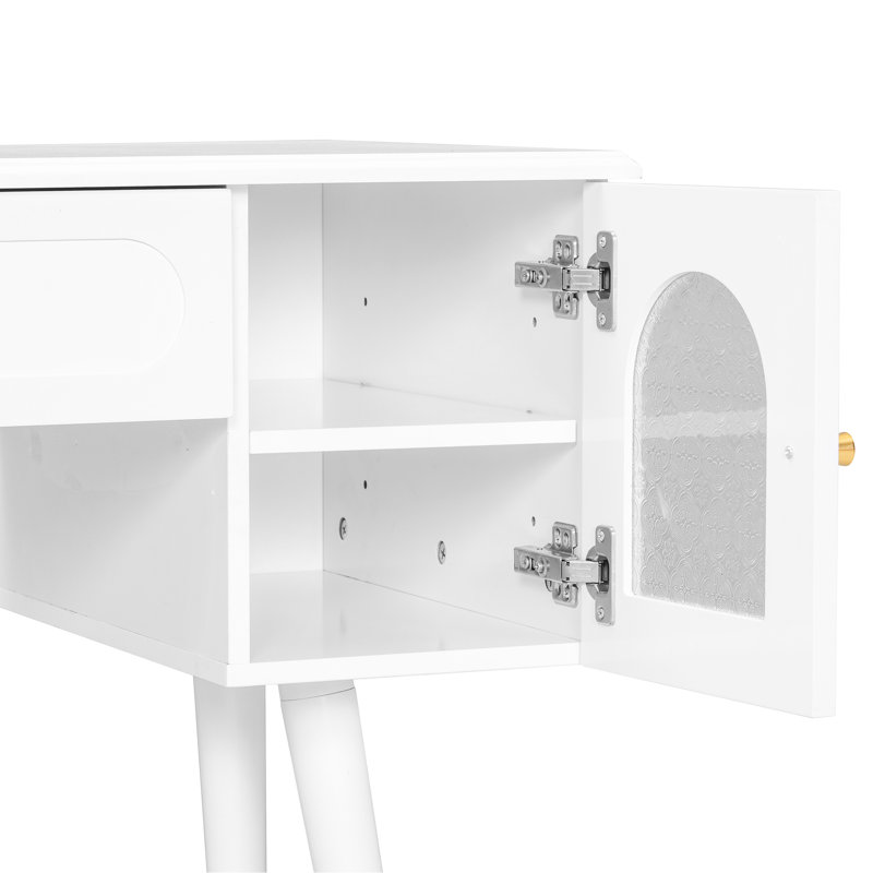 Elegant Vanity With Power Outlets, Ample Storage, And Soft - Closing Hydraulic Hinges Makeup Table Built In Power, Glass, Top