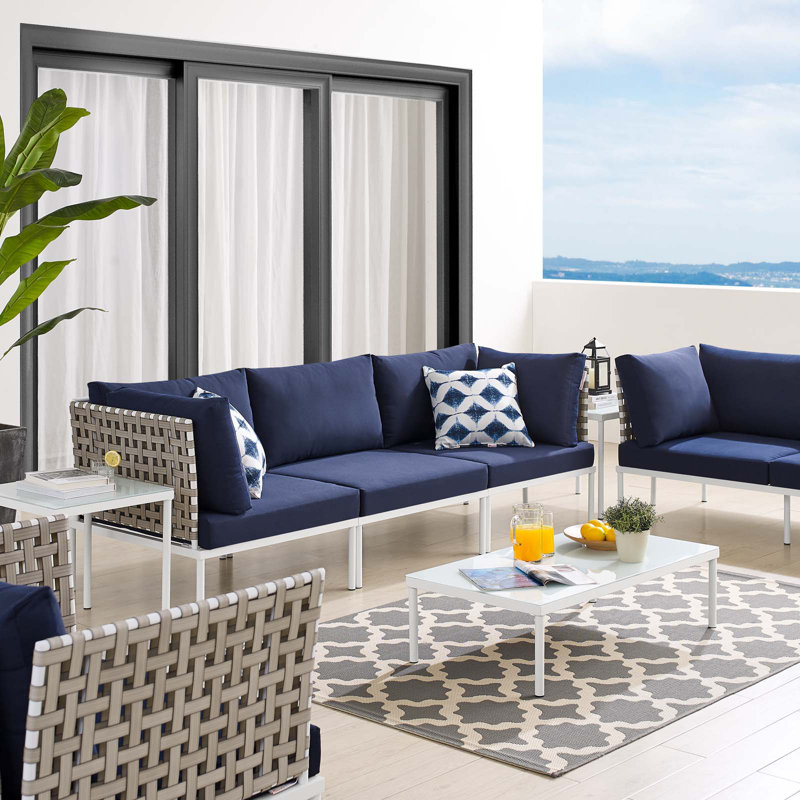 Ensemble de sièges de patio en aluminium à tissage panier 8 pièces Harmony par Modway, Sunbrella® bleu marine, Brun clair