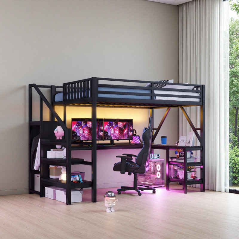 Full Size Loft Bed With L Shaped Desk And USB For Kids Teens Adults, Black