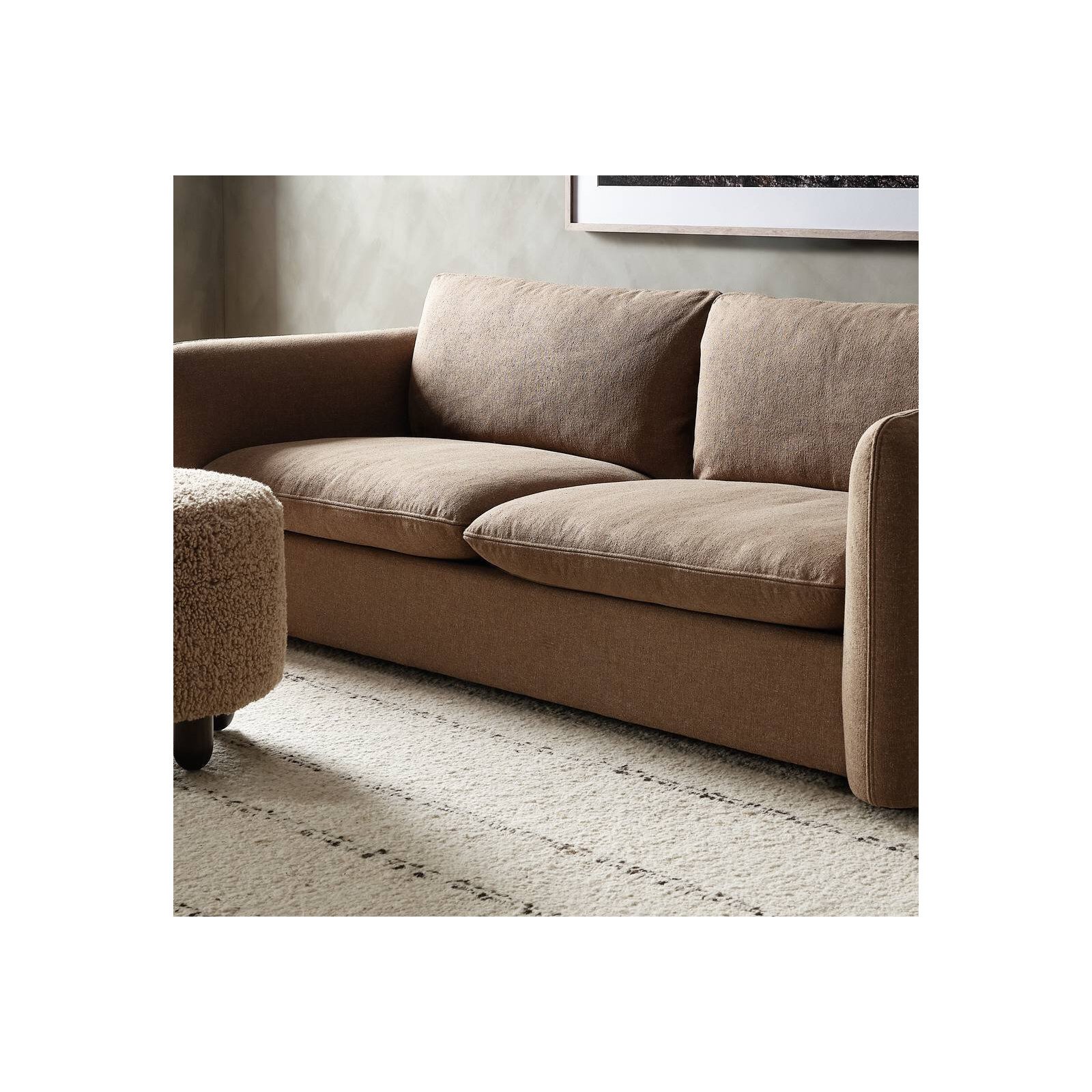 Risco 23" Round Shearling Footstool Ottoman, Andes Toast Sherpa, Burnt Birch