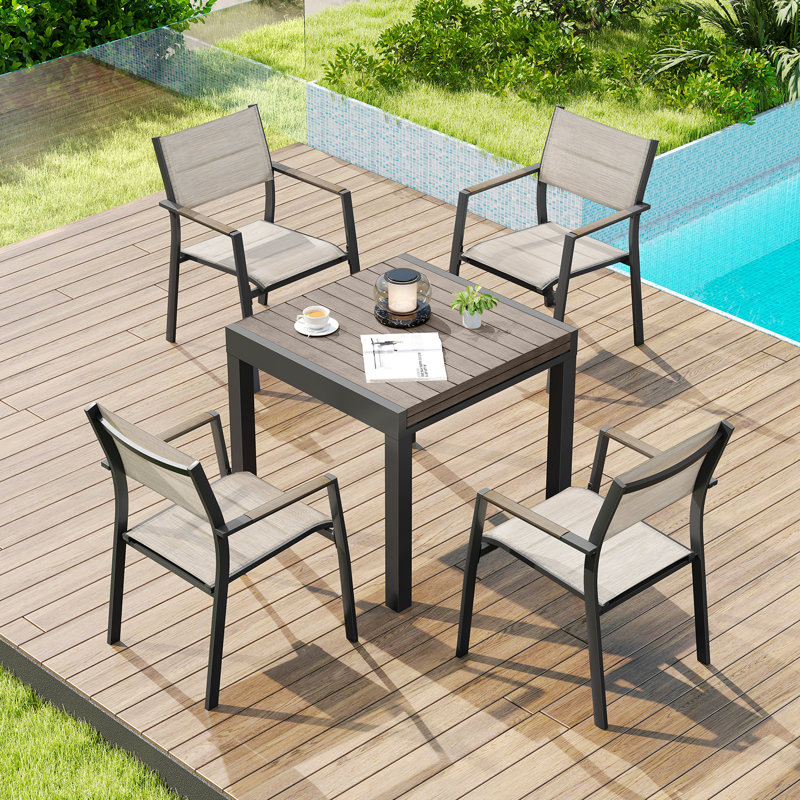 5 Pieces Expandable Patio Dining Set, Never-Rust Aluminum Outdoor Dining Table Set, 32"-65" Extendable Dining Table and Stackable Textilene Dining Chairs for Garden, Deck, Indoor, Limed Oak