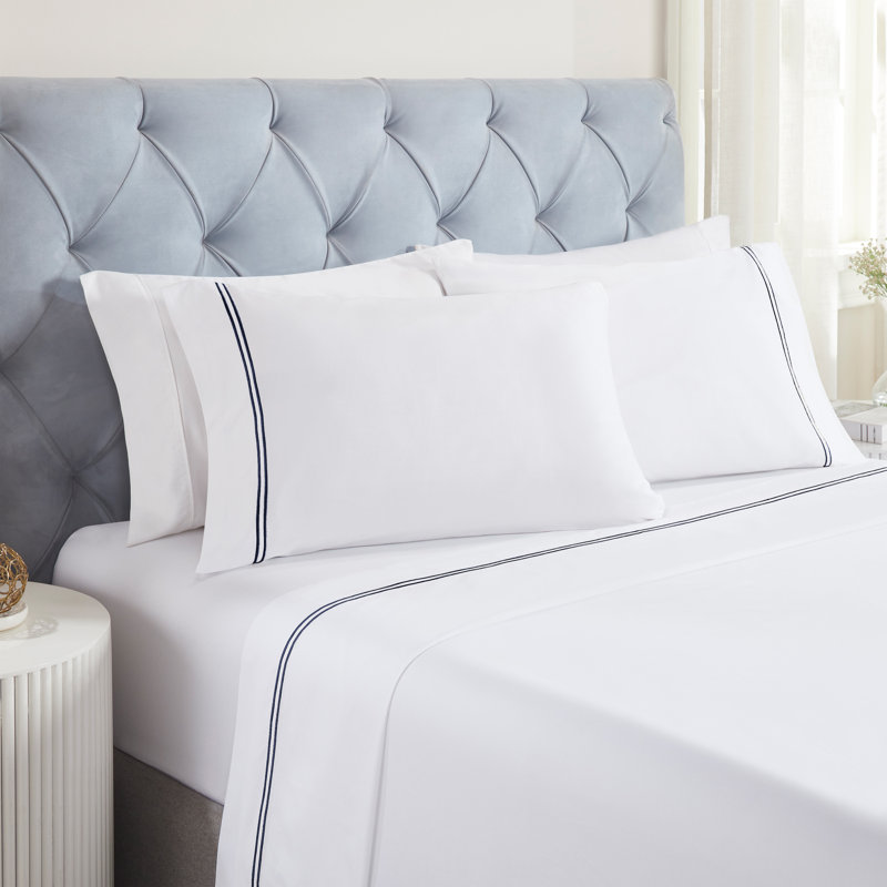 Ensemble de draps de lit Fieldstone, Ensemble de draps pour lit simple TG avec 1 taie d, Blanc/bleu marine