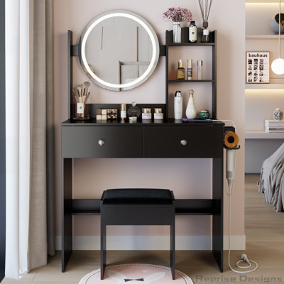 Table de coiffeuse ronde à miroir DEL avec tabouret rembourré et centrale électrique