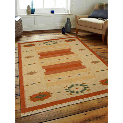Tapis Kilim tissés à la main et à plat Manns - Rectangle | Blanc de couleur rouille, design moderne contemporain, tapis faits à la main à poils courts pour le salon, la chambre à coucher