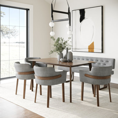 Kassis + Mukai - Modern Grey Fabric + Walnut Dining Set