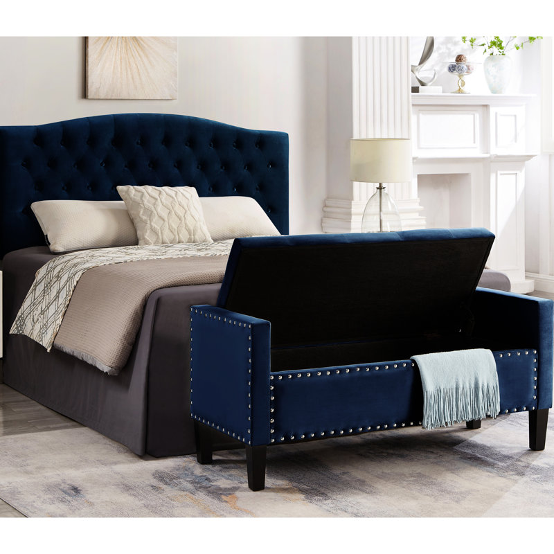 Banc de rangement rembourré en velours Bench-24-1.4, Bleu marine