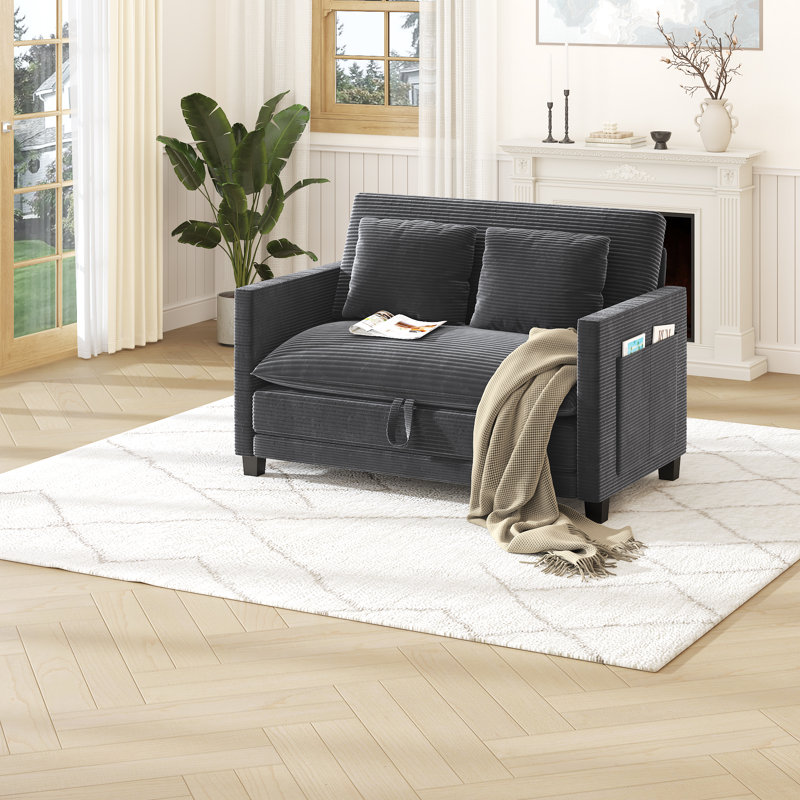 51" Convertible Sofa Bed With Storage Pockets & 2 Pillows, Modern 2-In-1 Folding Corduroy Fabric Loveseat For Small Spaces, Gray