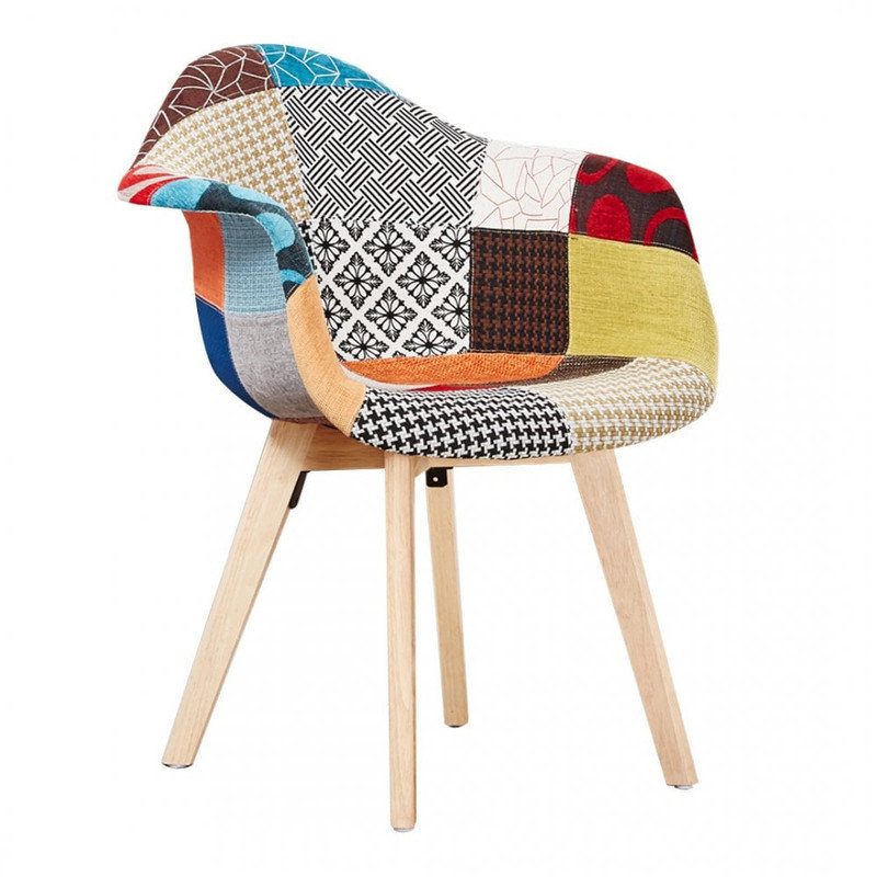 Shoup Patchwork Tub Dining Chair - Fabric Upholstered Seat and Curved Back with Foam Padding and Solid Wooden Legs - Armchair for Dining Room Kitchen Living Room - Single