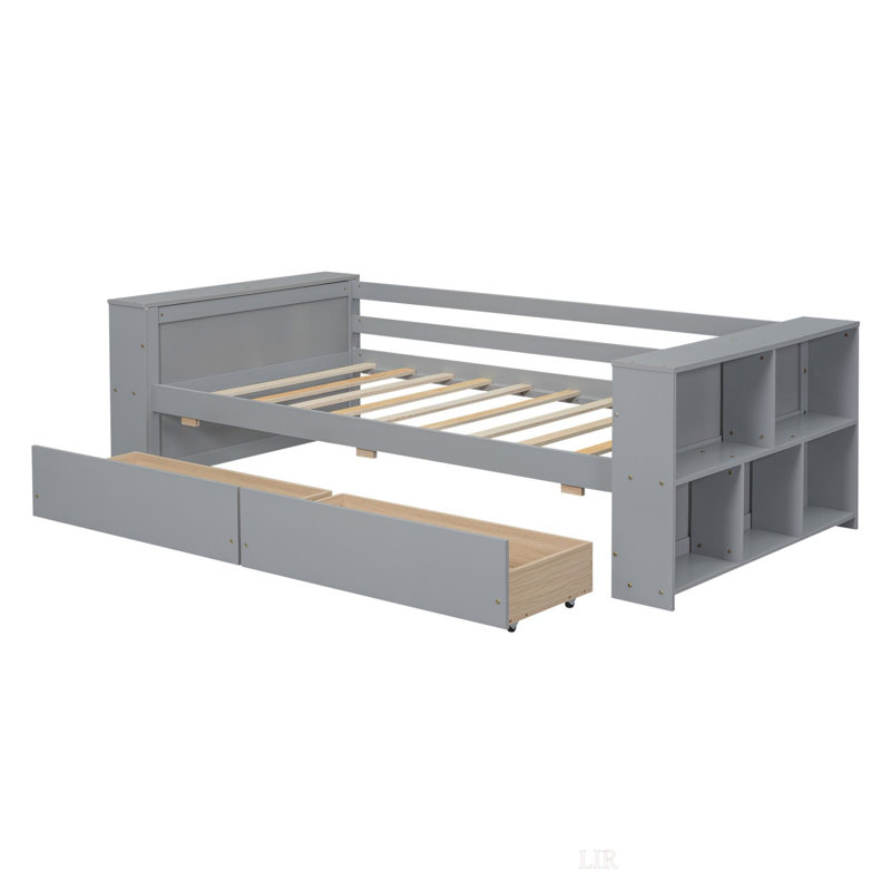 Lit de jour avec tablettes et tiroirs, taille simple, gris