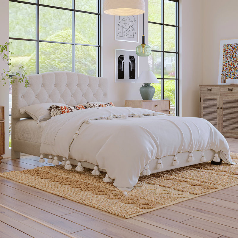 Lit plateforme tapissier avec tête de lit courbée réglable et détails capitonnés en forme de selle, lattes de bois et support en métal, aucun sommier nécessaire, grand, beige (ancien SKU: WF294419AAA)