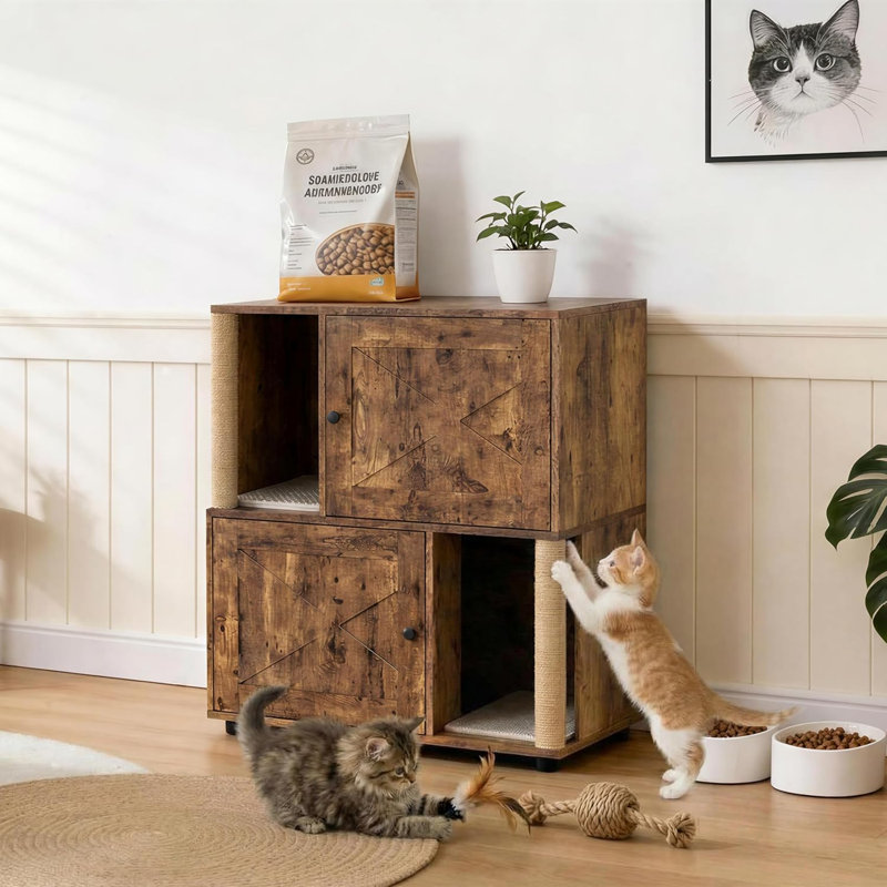 Double bac à litière pour chat avec poteau à griffer, bac à litière caché 2-en-1 avec litière, grand bac à litière pour 2 chats