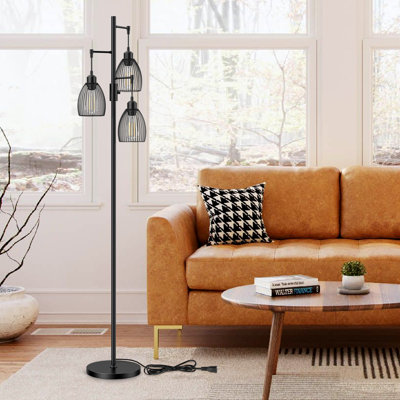 Lampe sur pied à intensité variable avec abat-jour cage et 4 ampoules DEL, lampe sur pied noire et dorée pour le salon, la chambre à coucher ou le bureau