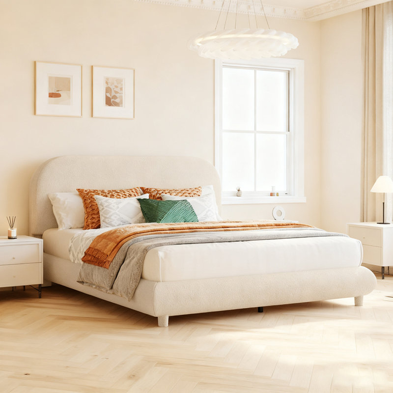 Lit plateforme en tissu d'ameublement Teddy, Beige, Grand