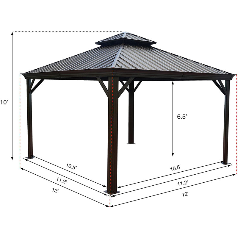 Alexander Dark Brown Double Roof Hardtop Gazebo with Curtain and Mosquito Netting, 12 ft x 12 ft