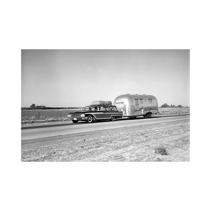 1960s-1970s Family Station Wagon And Camping Trailer Driving On Country Highway On Vacation - Wrapped Canvas Print