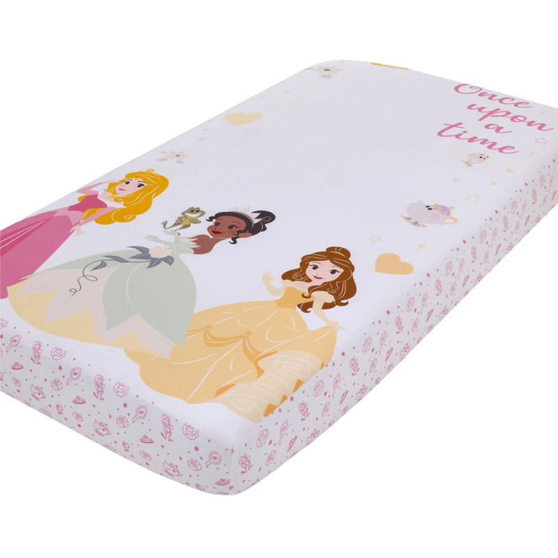 NoJo Disney Princess Make A Wish Pink, White and Yellow "Once Upon a Time" Nursery Photo Op Fitted Crib Sheet