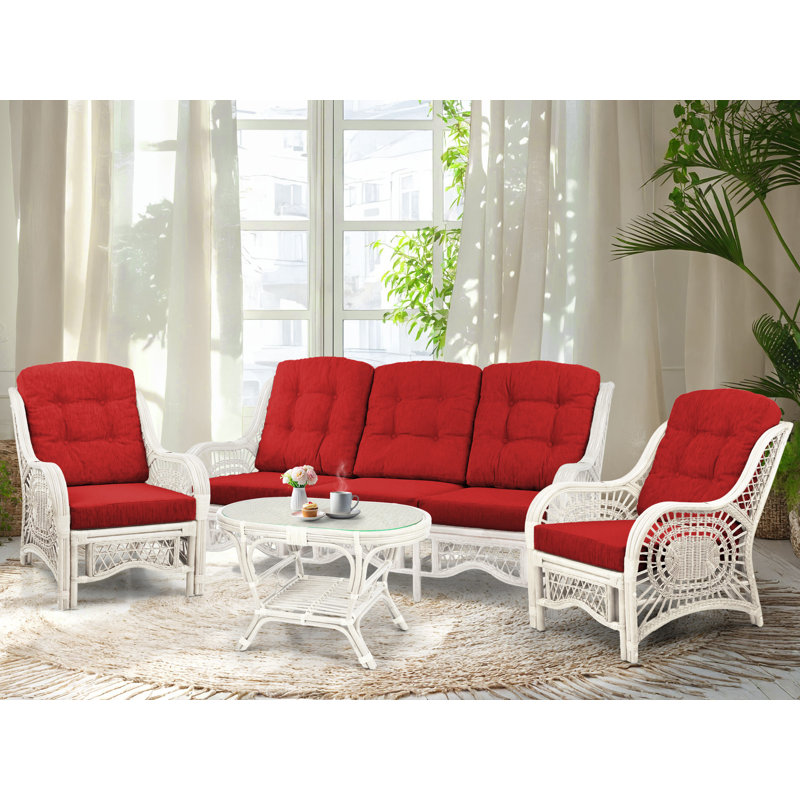 Malibu 4-Piece Natural Rattan Wicker Lounge Set with Red Cushions