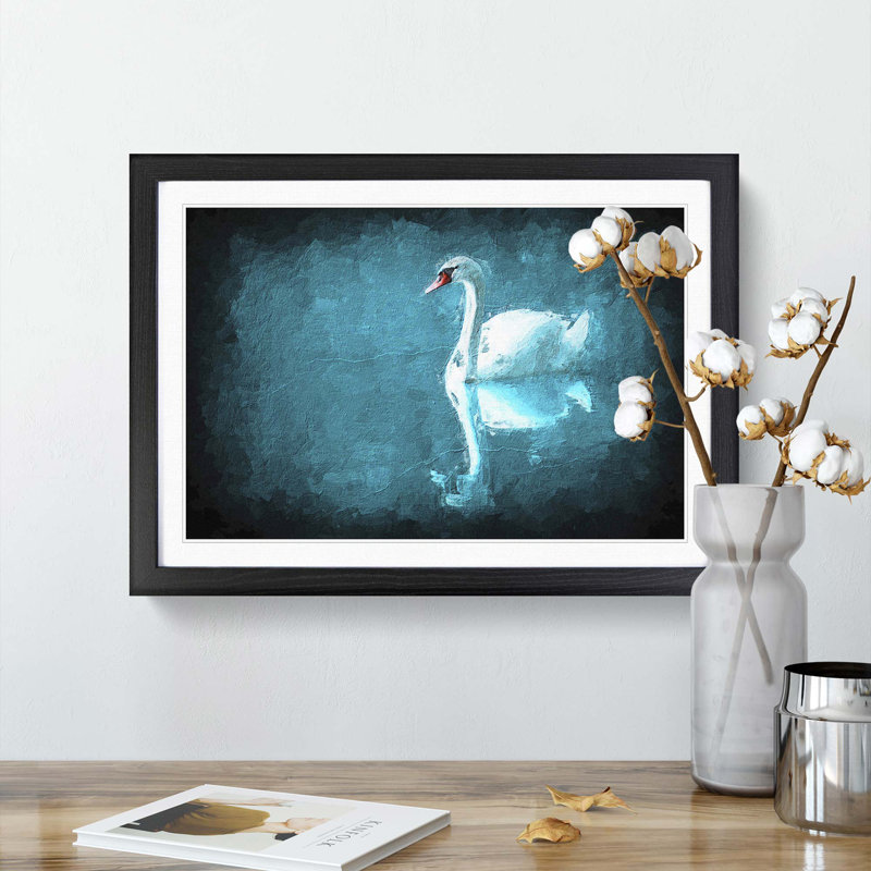White Swan on a Blue Lake in Abstract - Picture Frame Painting Print, 36cm H x 48cm W x 2cm D, Black Framed