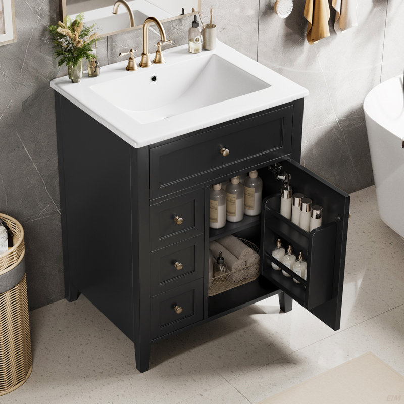 Meuble-lavabo 24 po avec lavabo, panneau de fibres à densité moyenne et bois d'hévéa, 3 tiroirs et armoire avec tablettes réglables