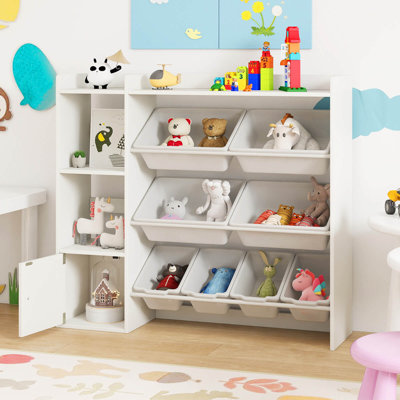 Bibliothèque et rangement pour jouets pour enfants, bibliothèque en bois avec 4 petites boîtes et 4 grandes boîtes