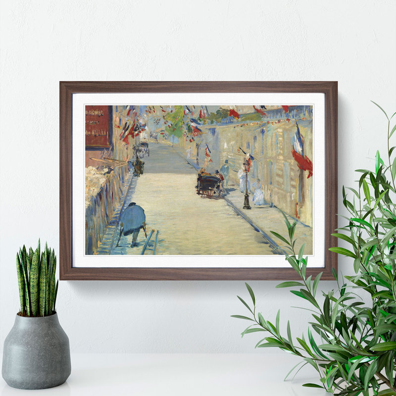 The Rue Mosnier with Flags by Edouard Manet - Picture Frame Painting, 48cm H x 65cm W x 2cm D, Walnut Framed