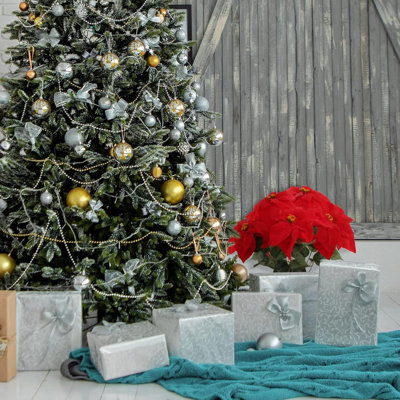 Buisson de poinsettia en velours artificiel, 20 po, intérieur, 7 fleurs de soie réalistes et feuillage vert, paquet de 4, rouge