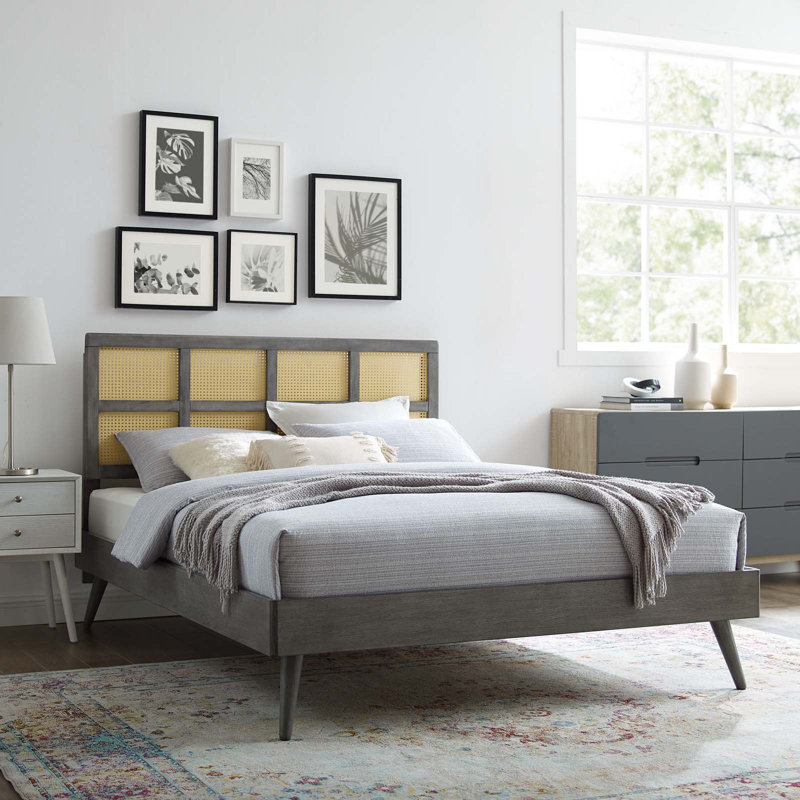 Modway Sidney Cane and Wood Platform Bed with Splayed Legs, Gray, Full/Double