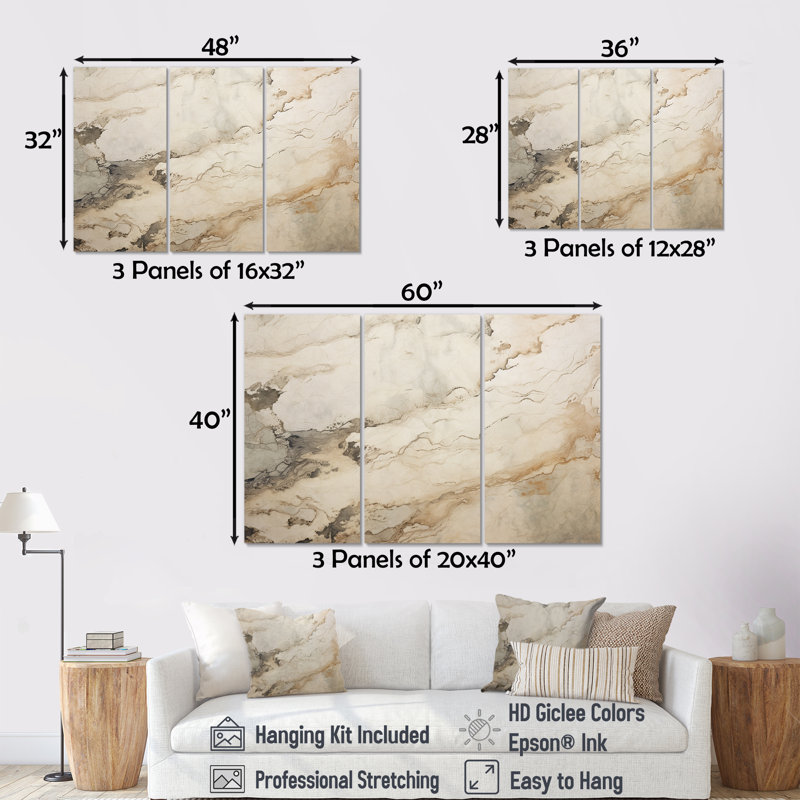 Beige et blanc - Marble River - ensemble d'art mural en toile marbrée, Toile tendue, H 28 po x l 36 po x P 1 po
