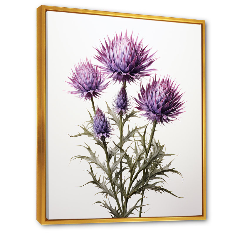 Rustique mauve et Whitethistle - chardon, art mural, Cadre flottant doré, H 32 po x l 16 po x P 1 po
