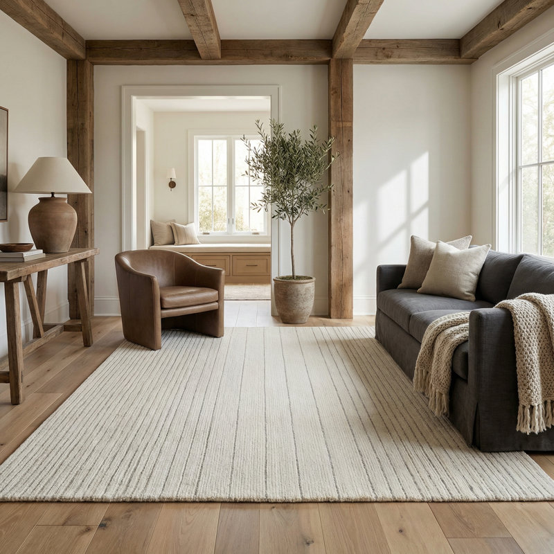 Tapis intérieur rayé beige / crème 5 pi x 8 pi (5 pi 3 po x 7 pi 7 po) Sama Branch Branch, Rectangle 5 pi 4 po x 7 pi 8 po