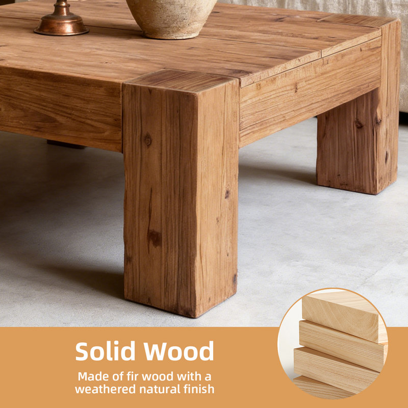 Solid Wood Coffee Table, Rustic Square, Brown