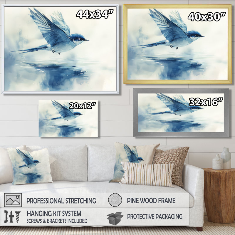 Oiseau hirondelle écrémant l'eau II - oiseau, art mural, Cadre simple, H 12 po x l 20 po, Doré