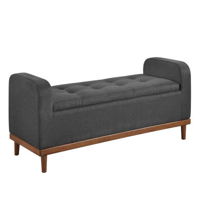 Mid-Century Modern Lift Top Bench, Dark Gray Foam Cushioned, Solid Wood Plywood Frame, Bedroom Storage Textured Fabric, Walnut Finish,