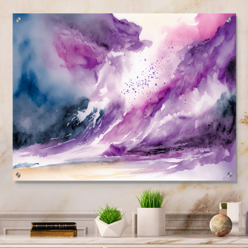«Violet Storm At The Horizon II», art mural acrylique abstrait à l'encre liquide pour le salon, H 30 po x l 40 po